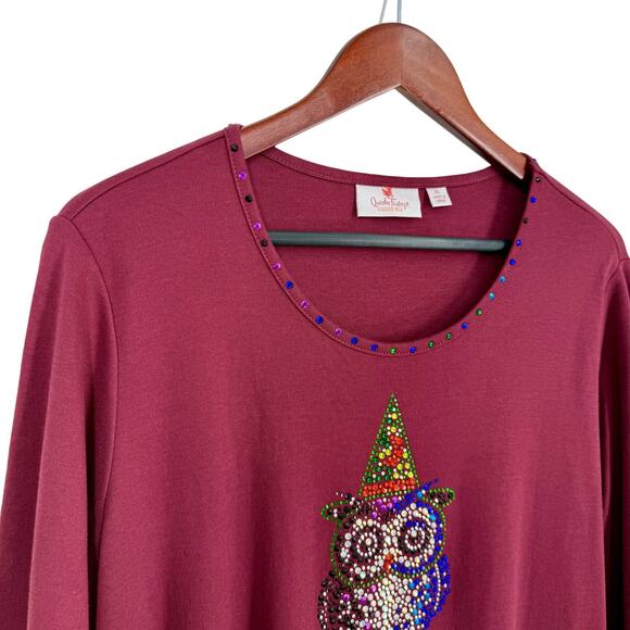 Quacker Factory Sz XL Maroon Halloween Witch Owl Wearable Art Blouse Shirt Top - Picture 3 of 8
